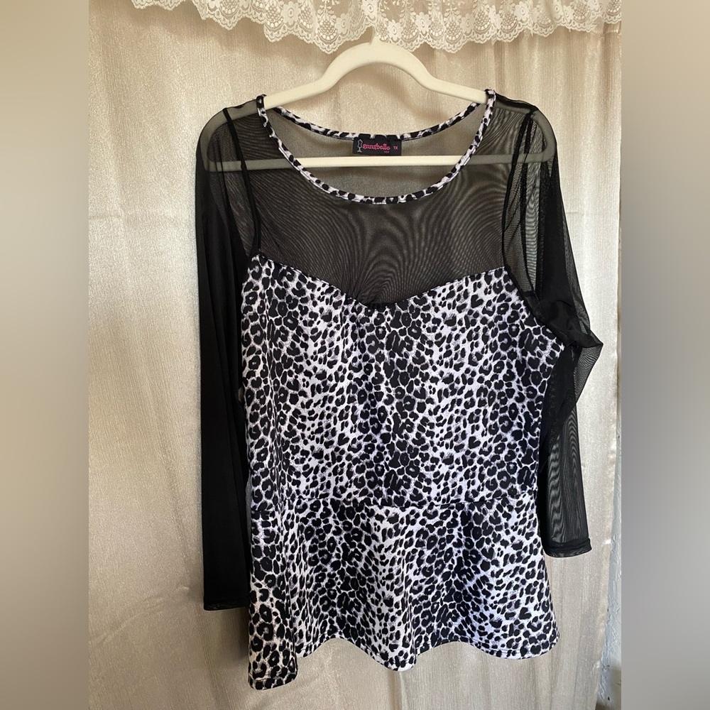 Annabelle Leopard Print Mesh Top 1X Peplum Sheer Sleeve Animal Print Blouse